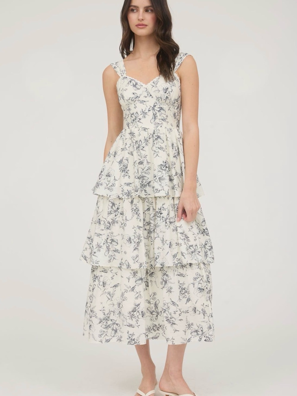 Floral Tiered Size Large Midi Dress in Ivory and Black Lace Trim Sleeveless